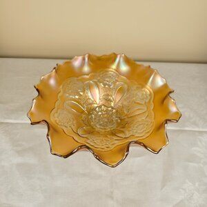 Dugan Marigold Carnival Glass Ruffled Compote Bowl “Two Flowers” Pattern 9"